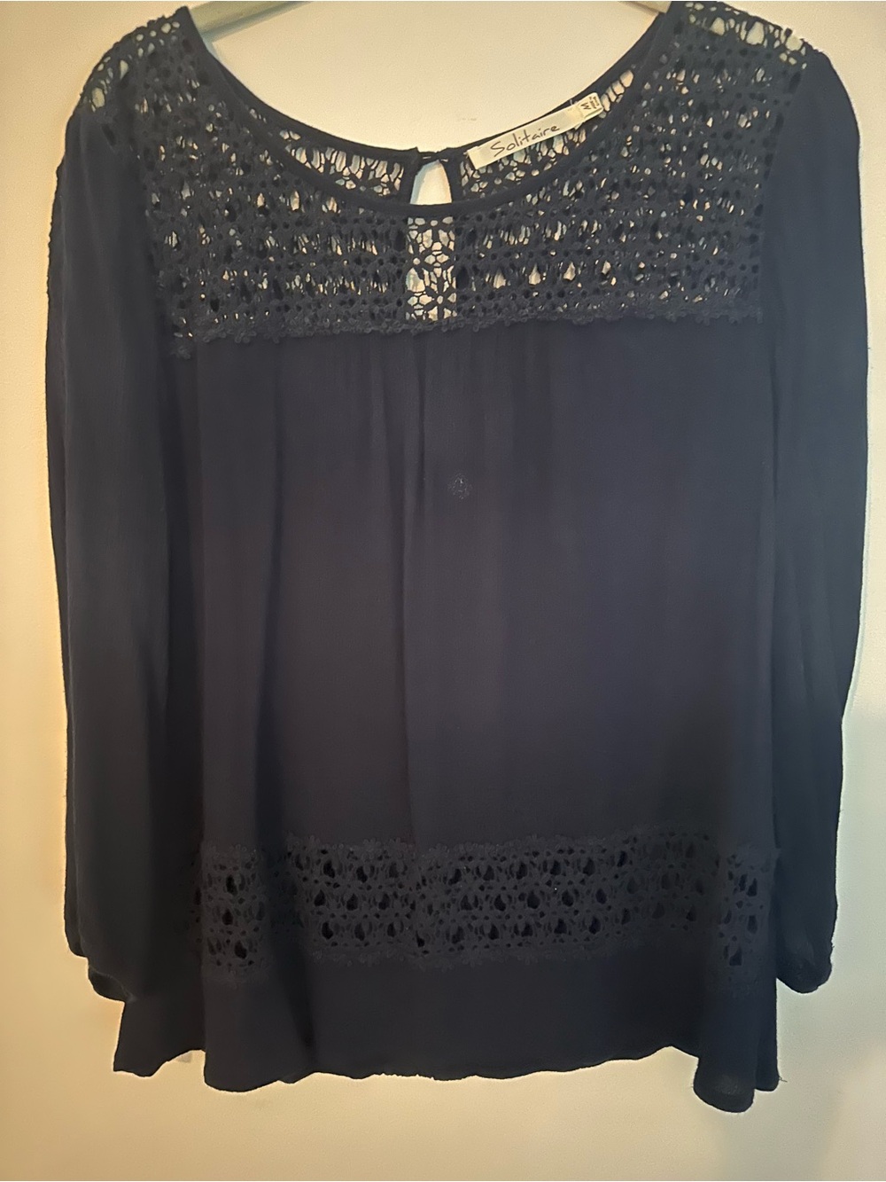 Solitaire Navy Crochet Yoke and Hem Blouse